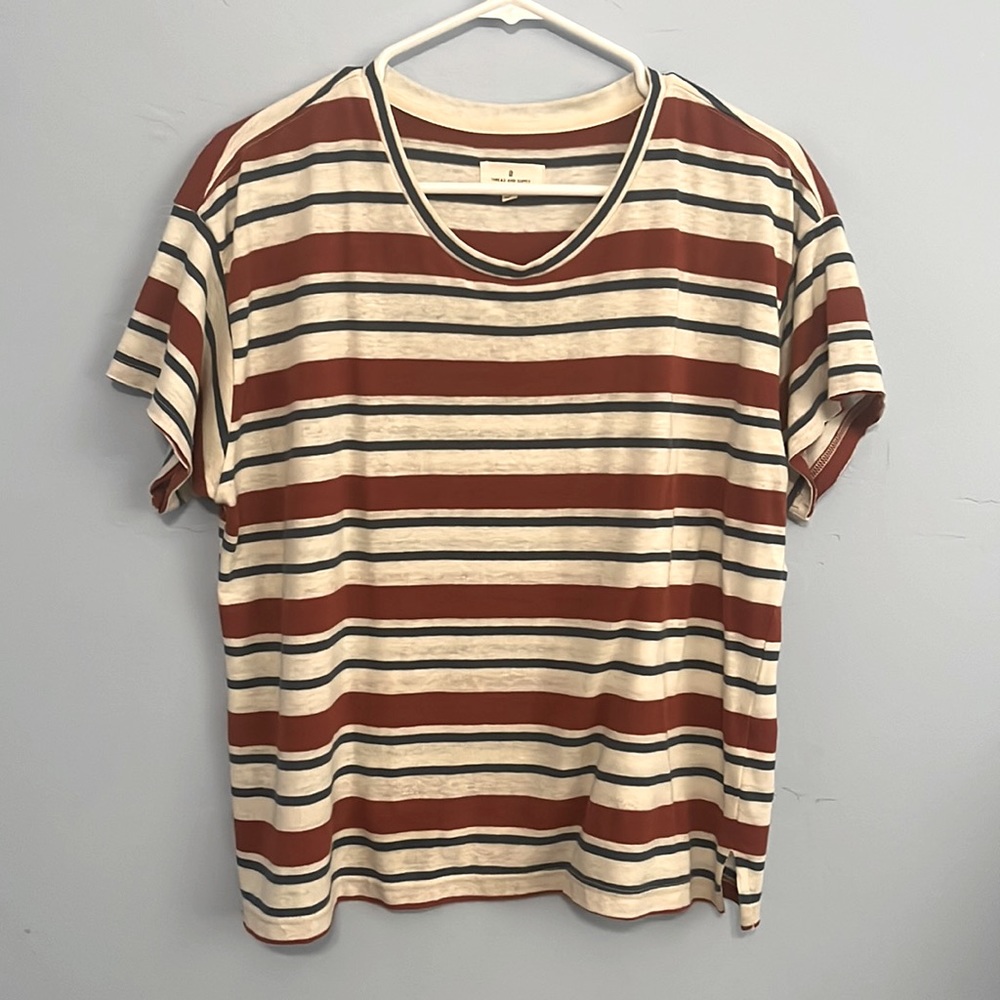 Blue, white and burnt orange stripe tee